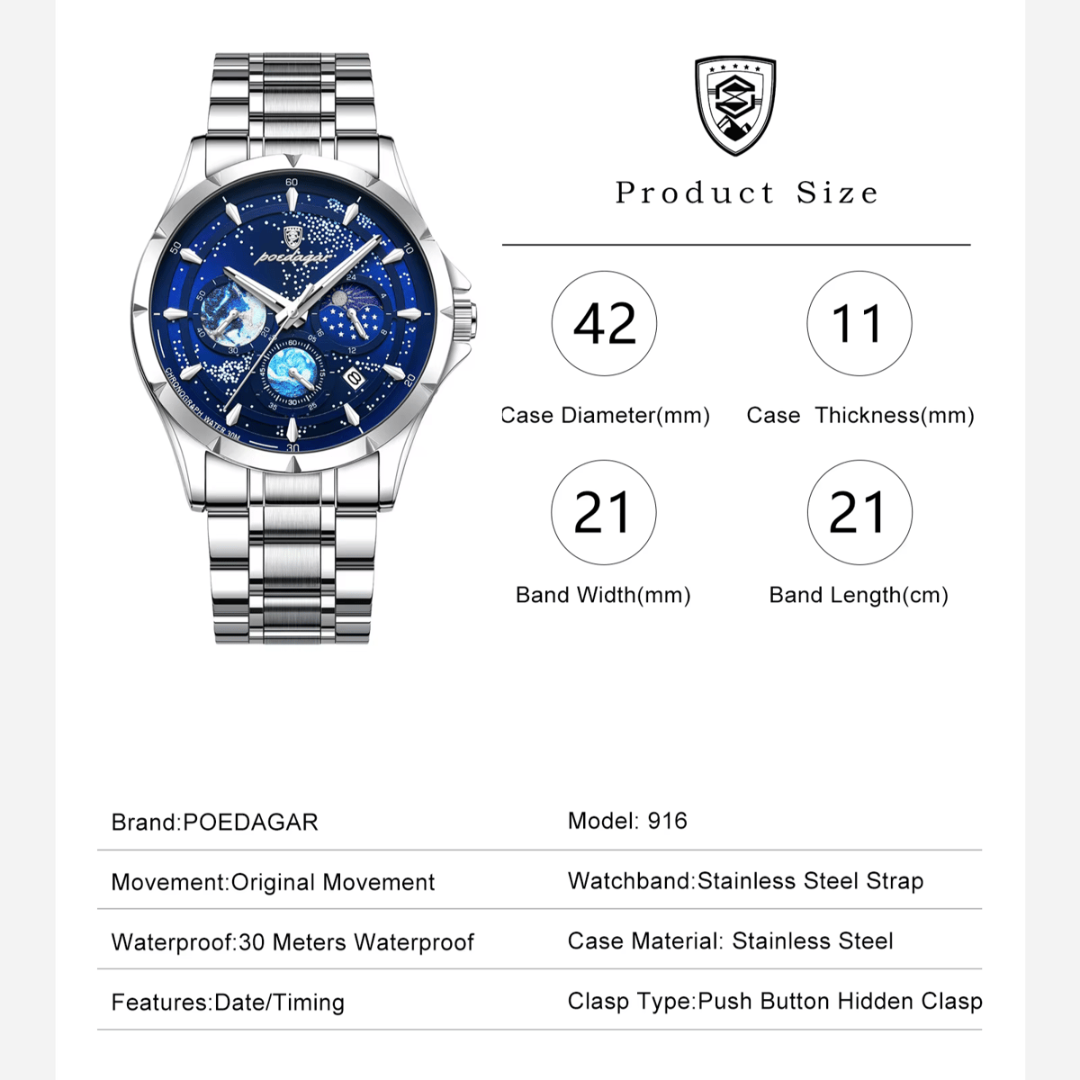 Stylish Chronograph Quartz Watch with Date and Luminous Hands Poedagar - Men's Dress Watches 5