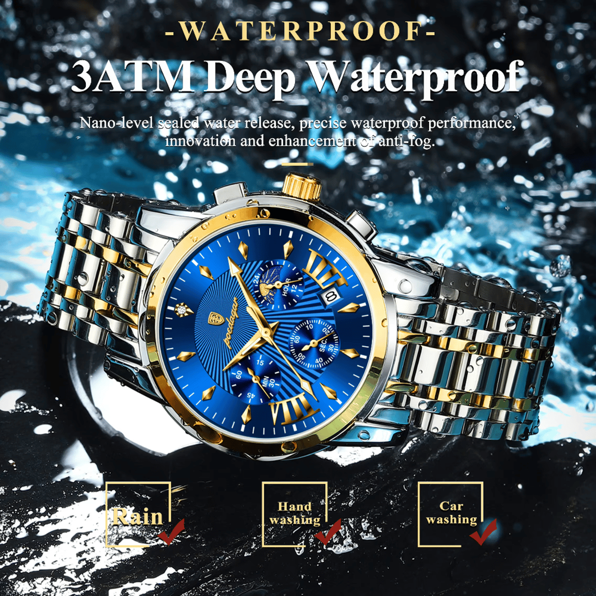 Elegant Chronograph Stainless Steel Watch with Luminous Dial Poedagar - Men's Dress Watches 1