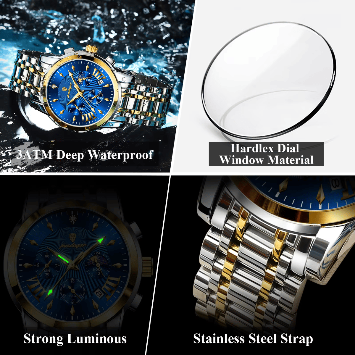 Elegant Chronograph Stainless Steel Watch with Luminous Dial Poedagar - Men's Dress Watches 2
