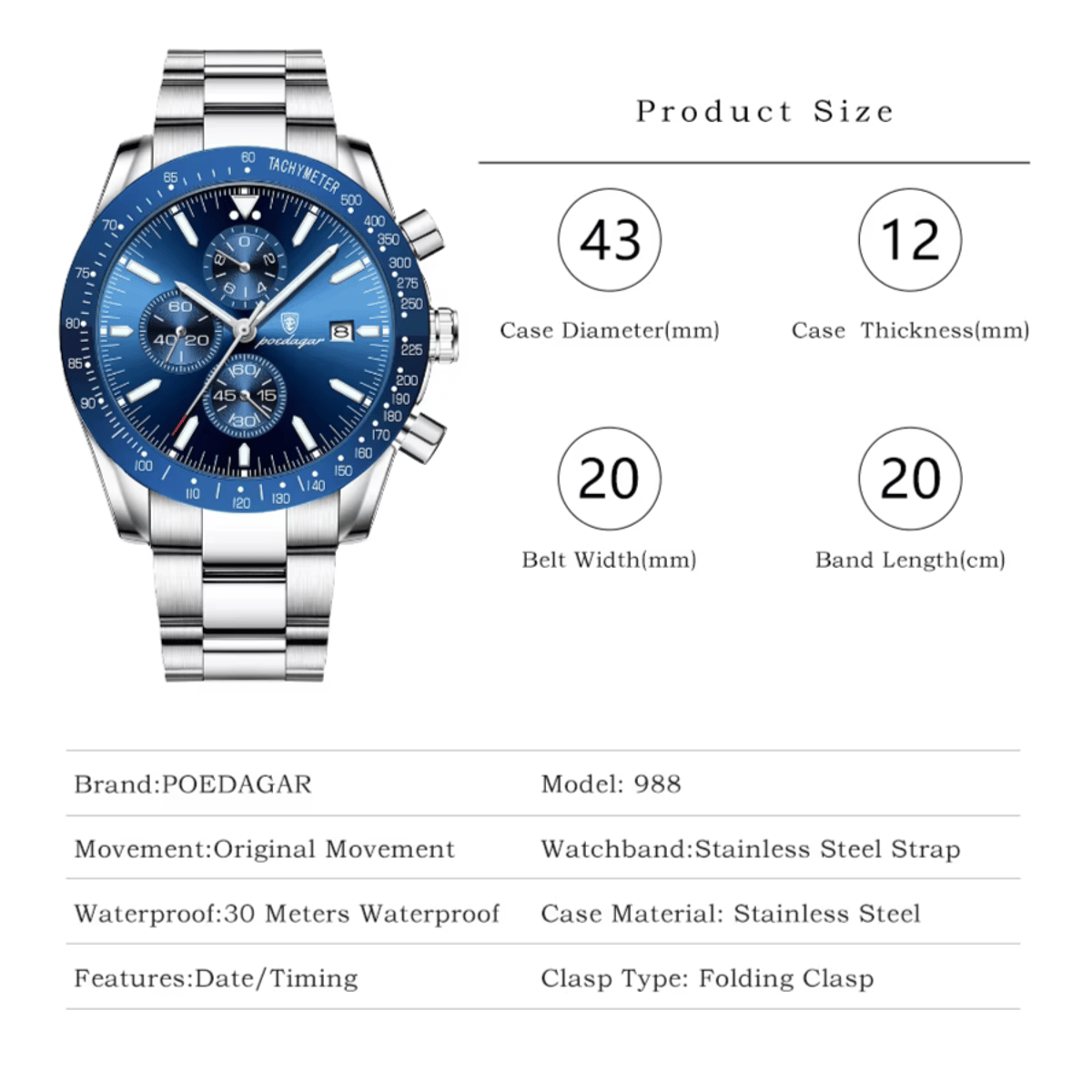 Luxury Chronograph Men's Watch with Stainless Steel and Calendar Poedagar - Men's Dress Watches 5