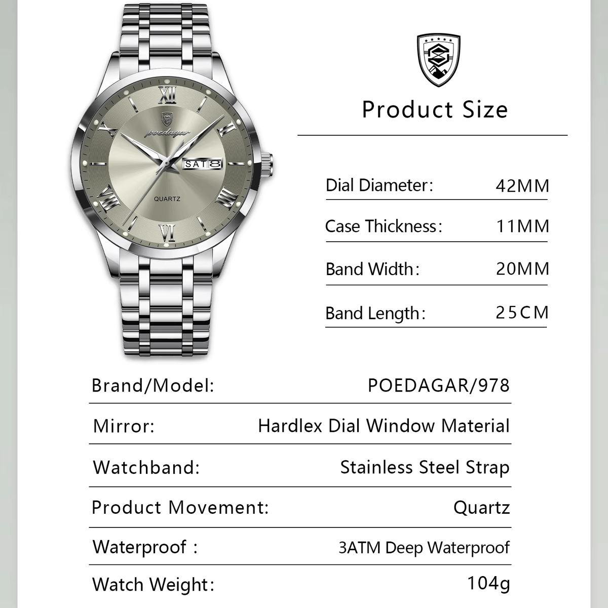 Stylish Men's Stainless Steel Quartz Watch with Calendar Display Poedagar - Men's Dress Watches 5