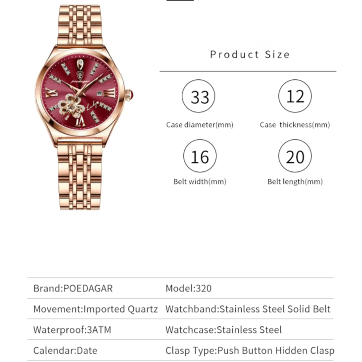 Elegant Women's Quartz Watch with Leather Band and Calendar Poedagar - Women's Dress Watches 4