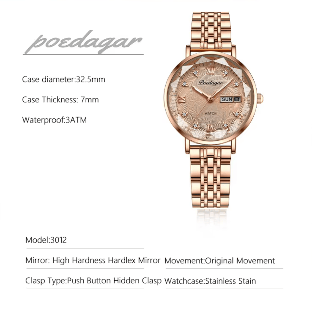 Elegant Stainless Steel Women's Watch with Date and Week Display Poedagar - Women's Dress Watches 5