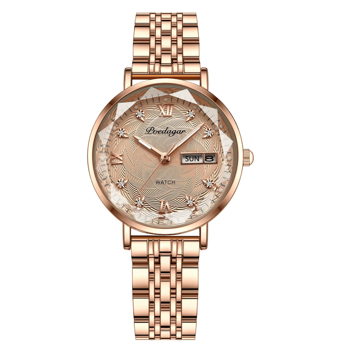 Elegant Stainless Steel Women's Watch with Date and Week Display Poedagar - Women's Dress Watches