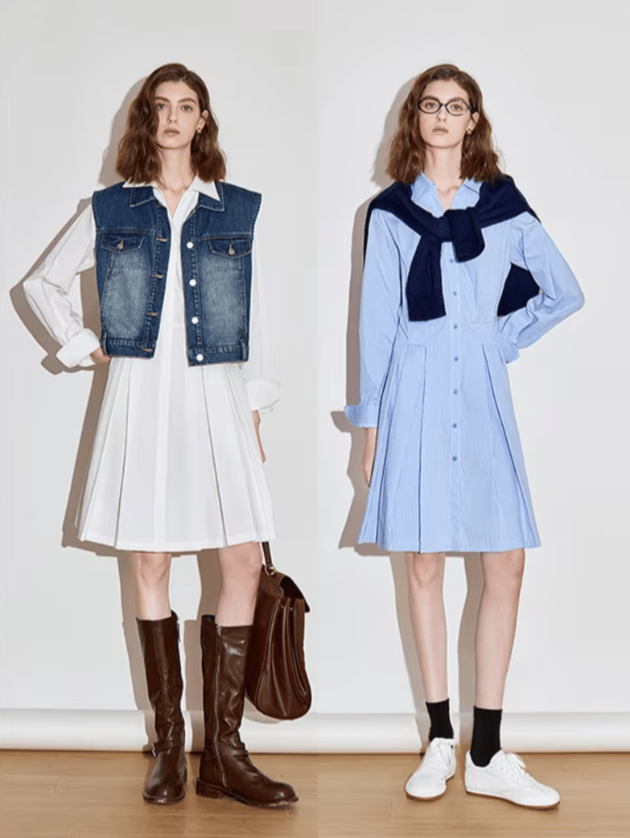 Elegant Pleated A-Line Dress with Turn-Down Collar and Stripes