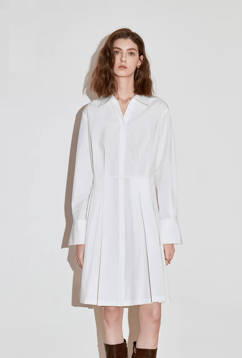 Elegant Pleated A-Line Dress with Turn-Down Collar and Stripes