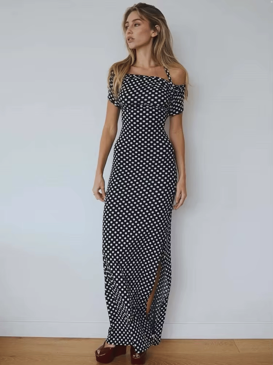Polka Dot Halter Maxi Party Dress with High Slit Detail Julissa Mo - Women's Party Dresses