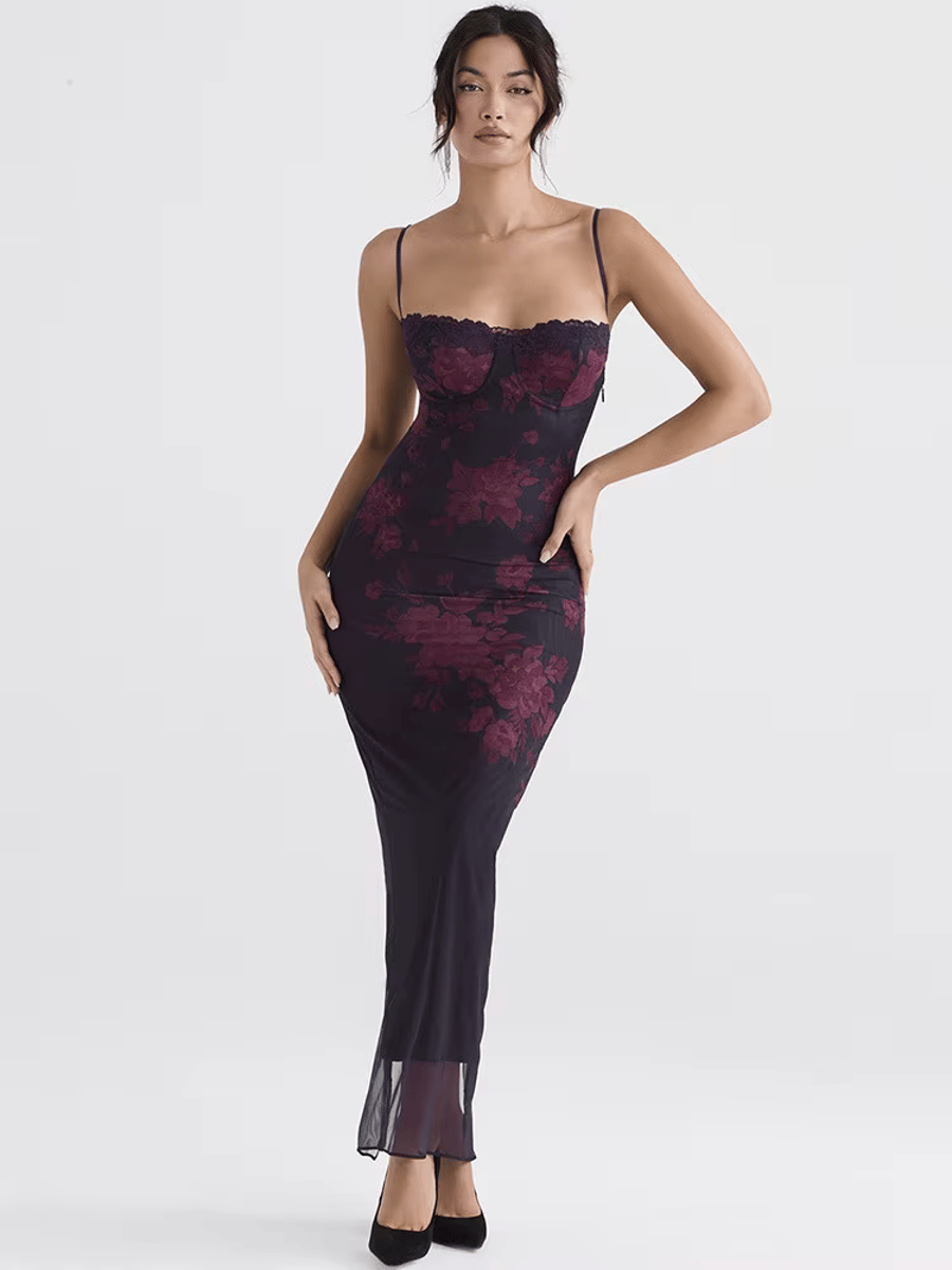 Printed Fishtail Maxi Dress with Spaghetti Straps and Ruched Detail Mozision - Women's Maxi Dresses 8