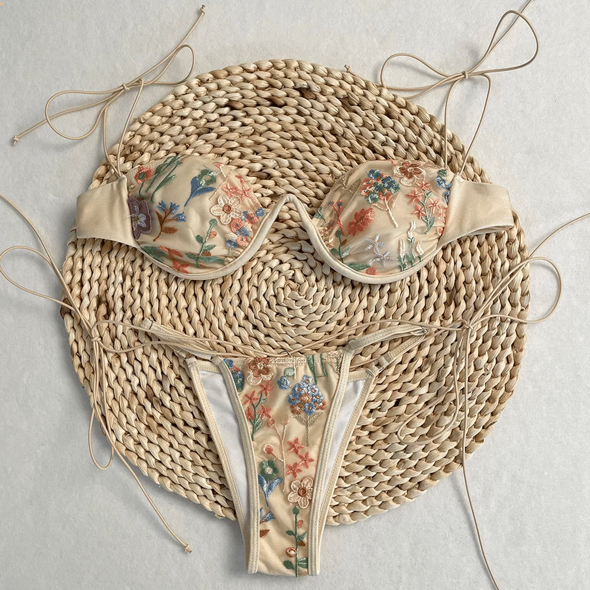 High Cut Push-Up Bikini Set with Embroidered Floral Design