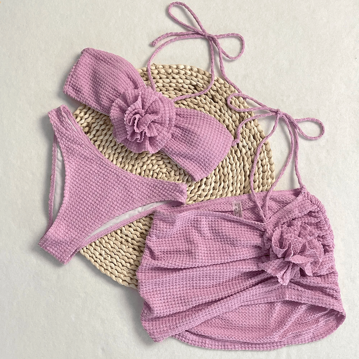 3-Piece High Cut Bikini Set with 3D Floral Accents