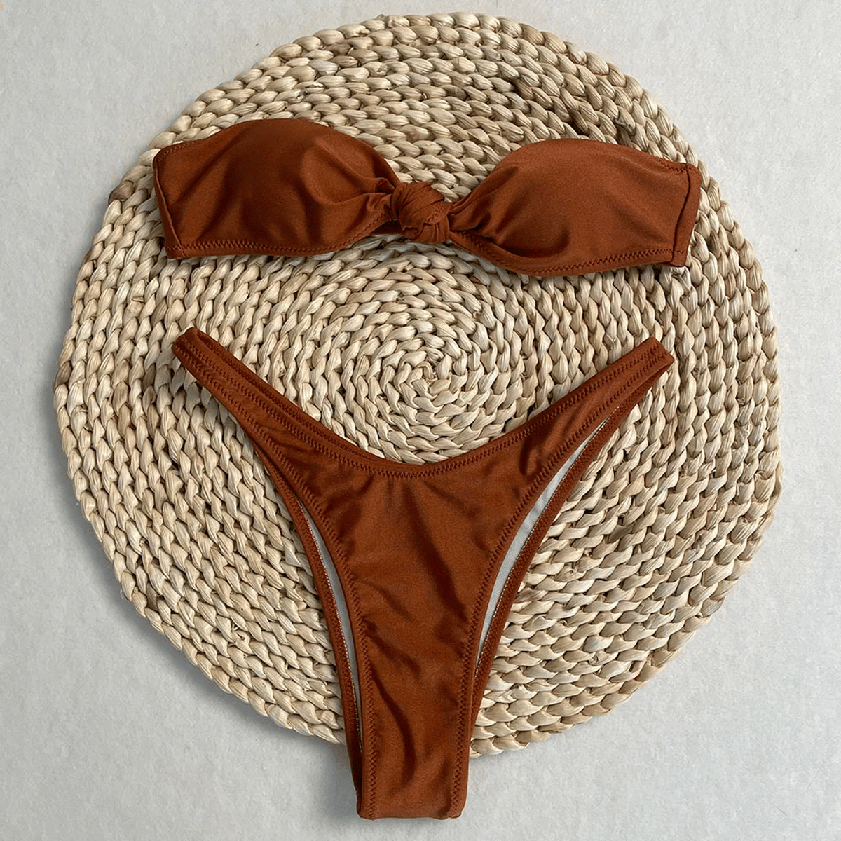 Strapless Thong Bikini Set with Knotted Detail and Bandeau Top
