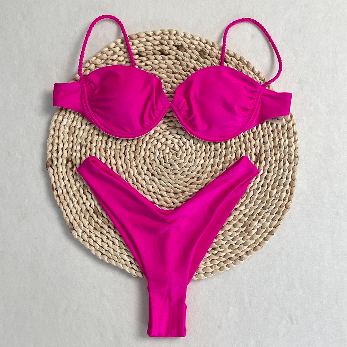 Solid Push-Up Bikini Set with Low Waist Thong Bottoms