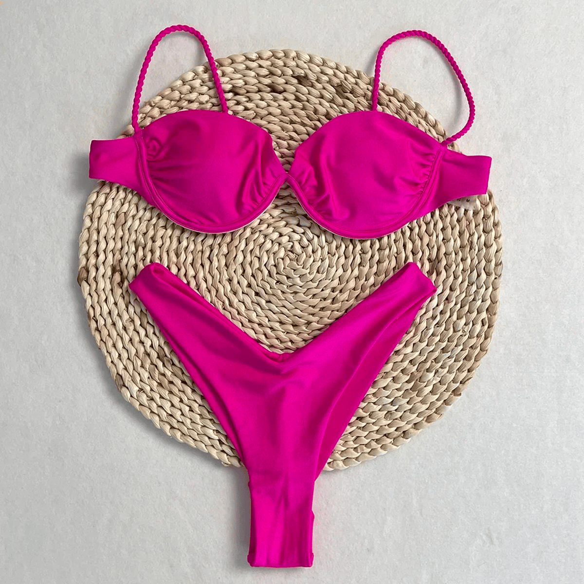 Solid Push-Up Bikini Set with Low Waist Thong Bottoms