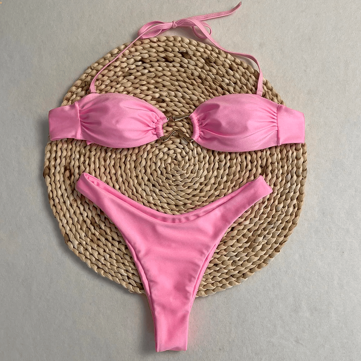 Adjustable Thong Bikini Set with Halter Neck and Ring Detail Adjustable Thong Bikini Set with Halter Neck and Ring Detail