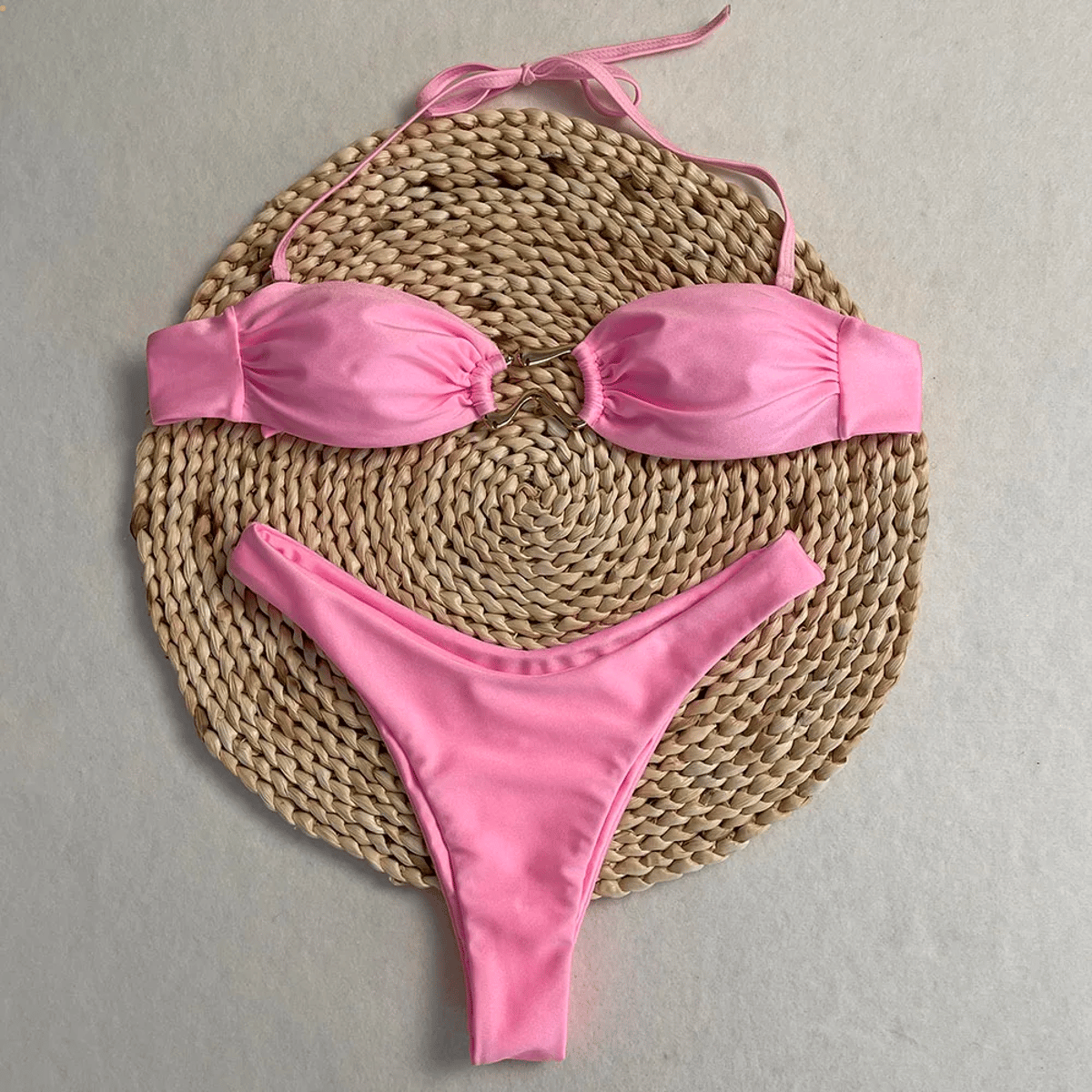 Adjustable Thong Bikini Set with Halter Neck and Ring Detail