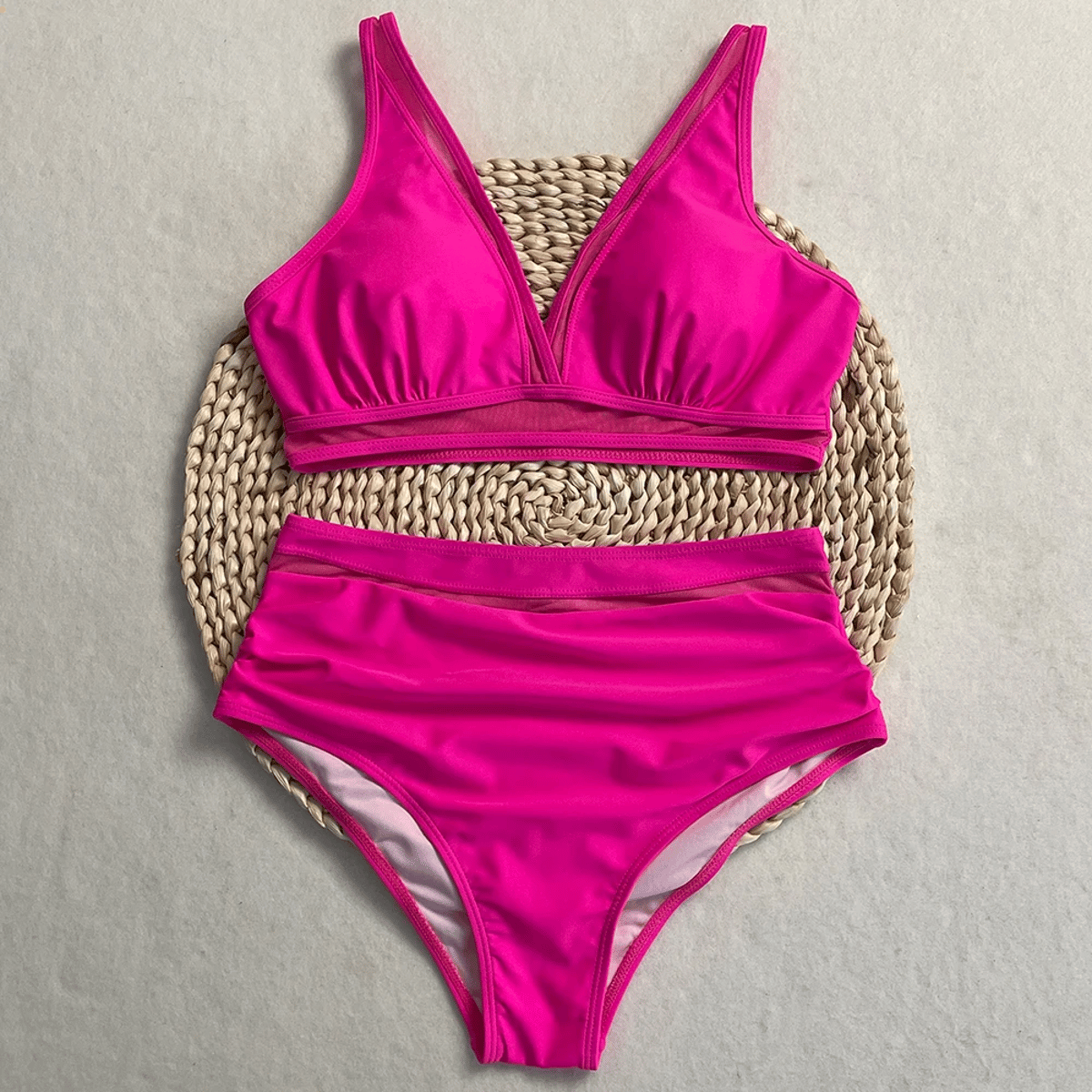 Solid High Waist Bikini Set with Contrast Mesh Detailing