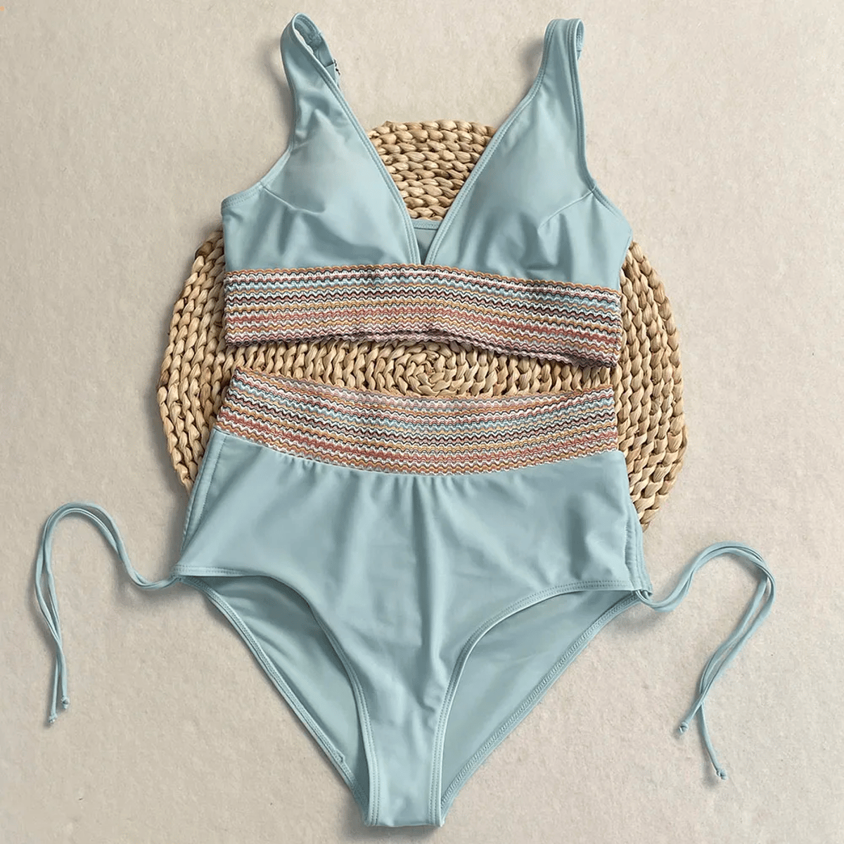 High Waist Bikini Set with Rainbow Side Strap Detail