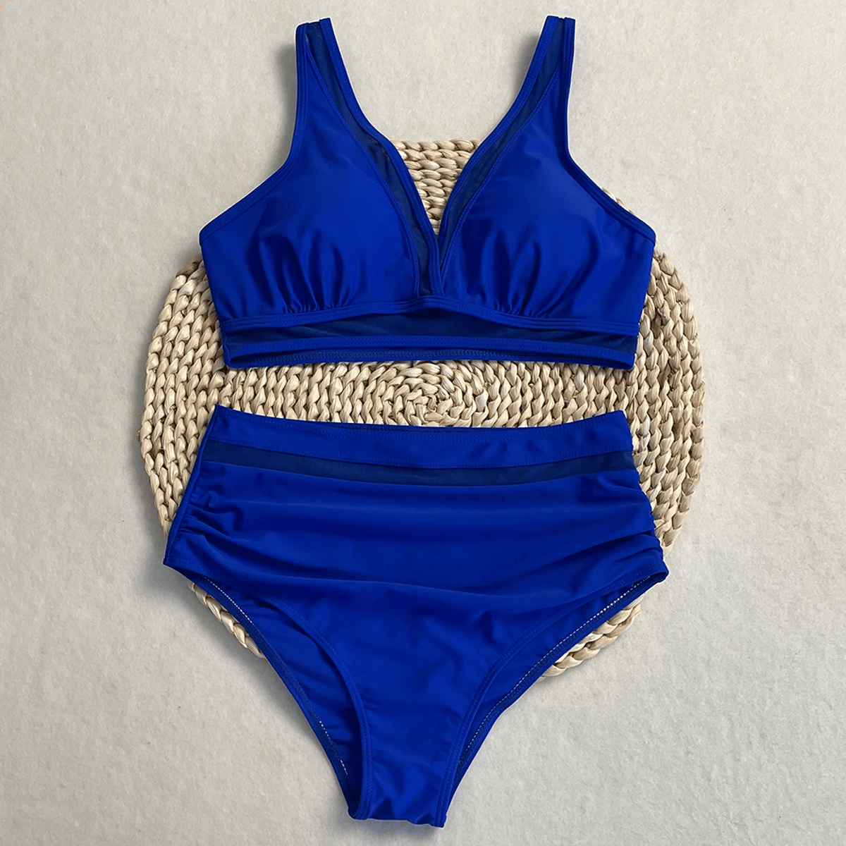 High Waist Bikini Set with Contrast Mesh and Sweetheart Neck