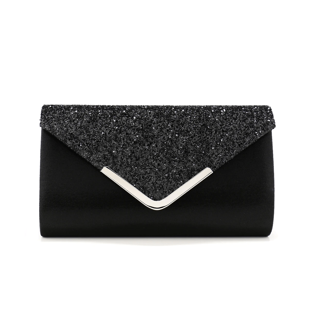 Silver Glitter Envelope Clutch with V Design and Chain Strap Sekusa - Women's Clutch Bags 7
