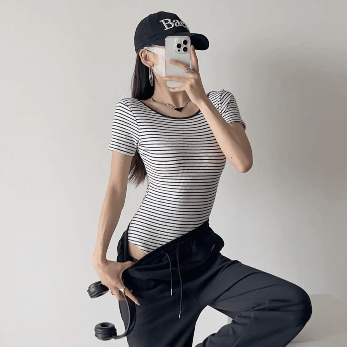 Striped Knit Bodysuit with Short Sleeves and Bodycon Fit