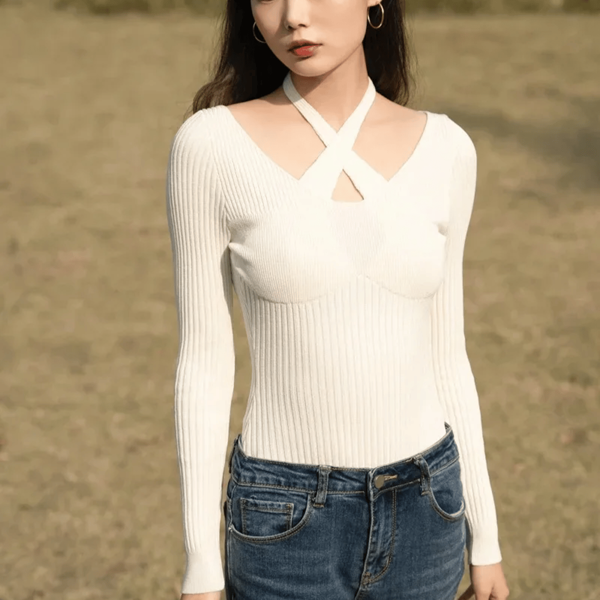 Long Sleeve Square Neck Bodysuit with Halter V-Neck Detail Bruscrest - Women's Babydolls & Bodysuits 2