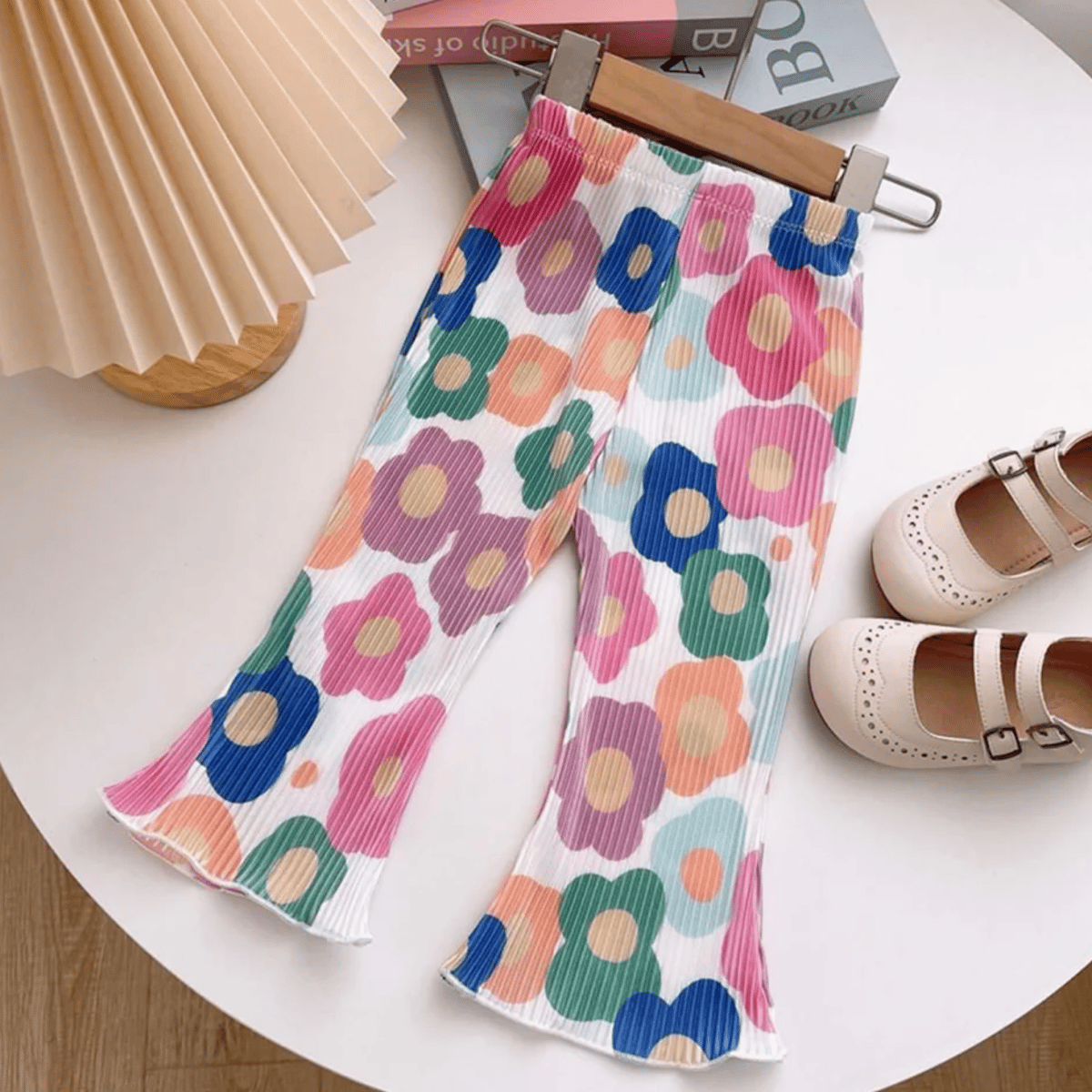 Lightweight Printed Bell Bottom Pants with Flared Hem for Girls