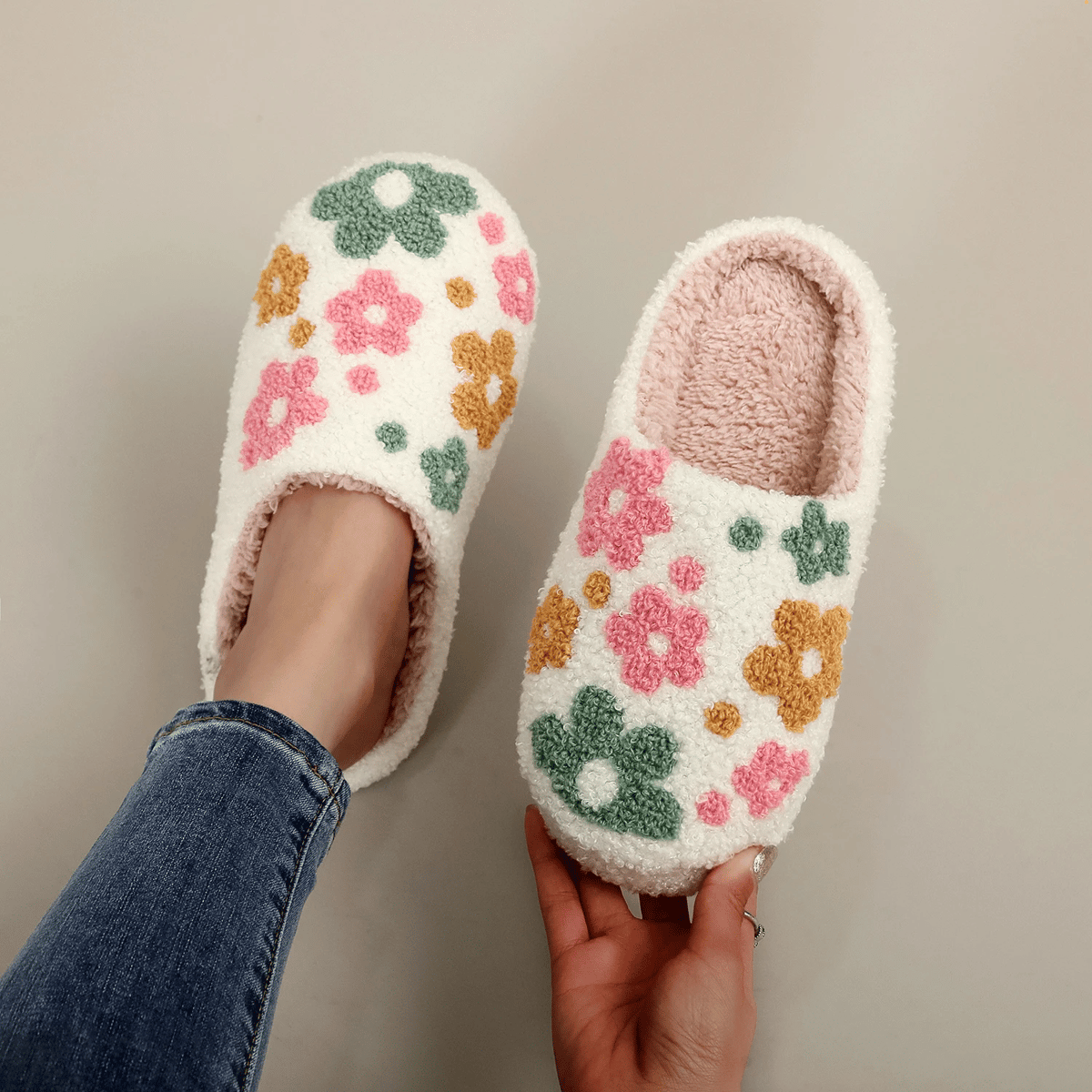 Furry Indoor Slippers with Colorful Wildflower Embroidery