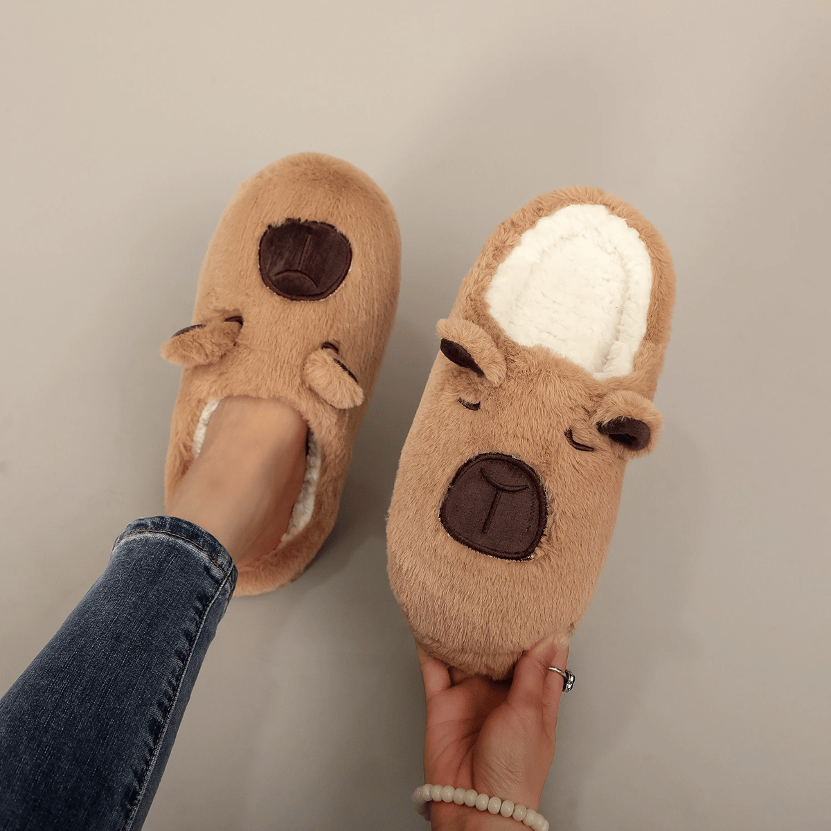 Capybara Plush Furry Indoor Slippers with Soft Non‑Slip Soles