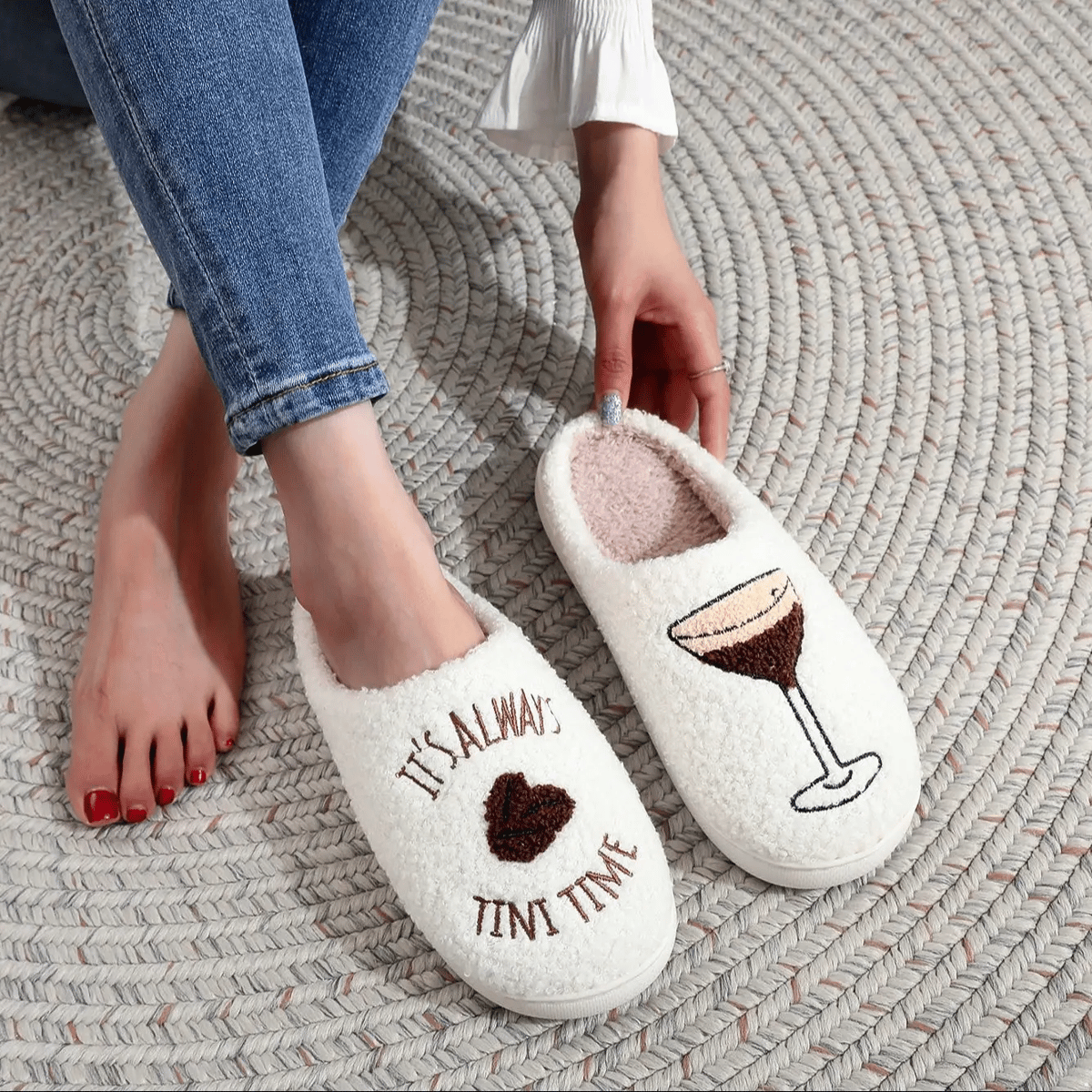 Martini Time Embroidered Furry Indoor Slippers for Cozy Comfort