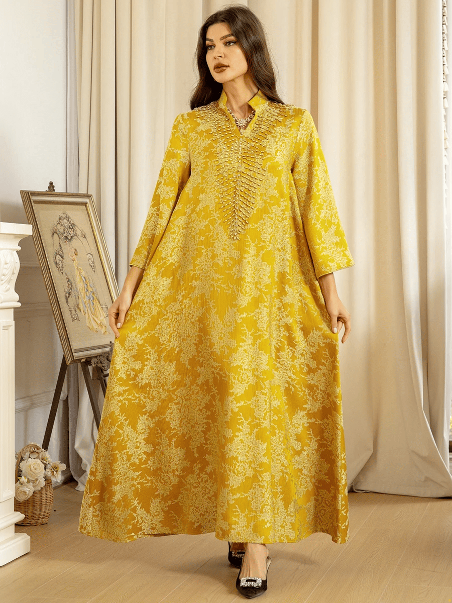 Elegant Embroidered Beaded Jalabiya Gown with Long Sleeves