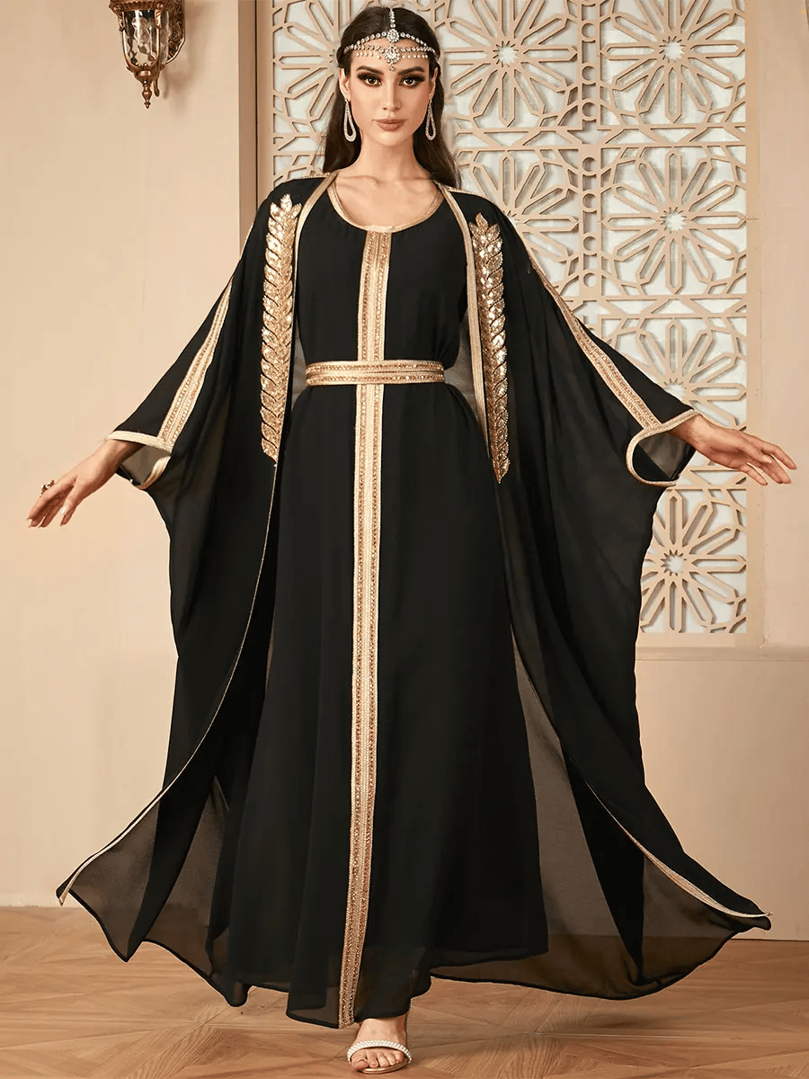Stylish Two-Piece Sequin Jalabiya Set with Belt Detail