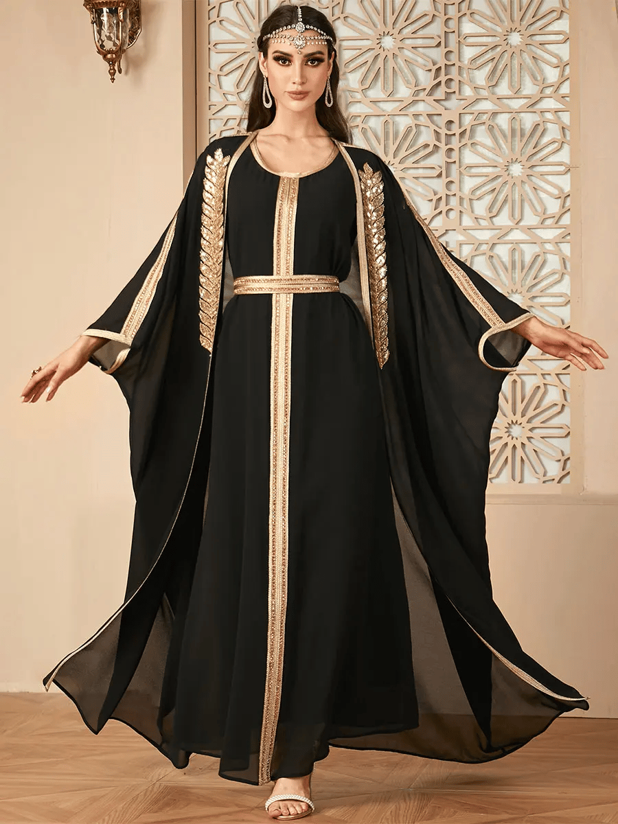 Stylish Two-Piece Sequin Jalabiya Set with Belt Detail Stylish Two-Piece Sequin Jalabiya Set with Belt Detail