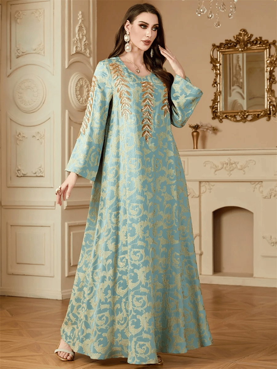 Elegant Floral Print Jacquard Jalabiya with Beaded Appliques