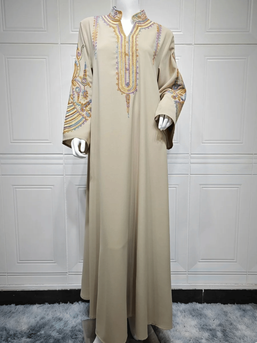 Elegant Floral Embroidered Guipure Jalabiya with Long Sleeves