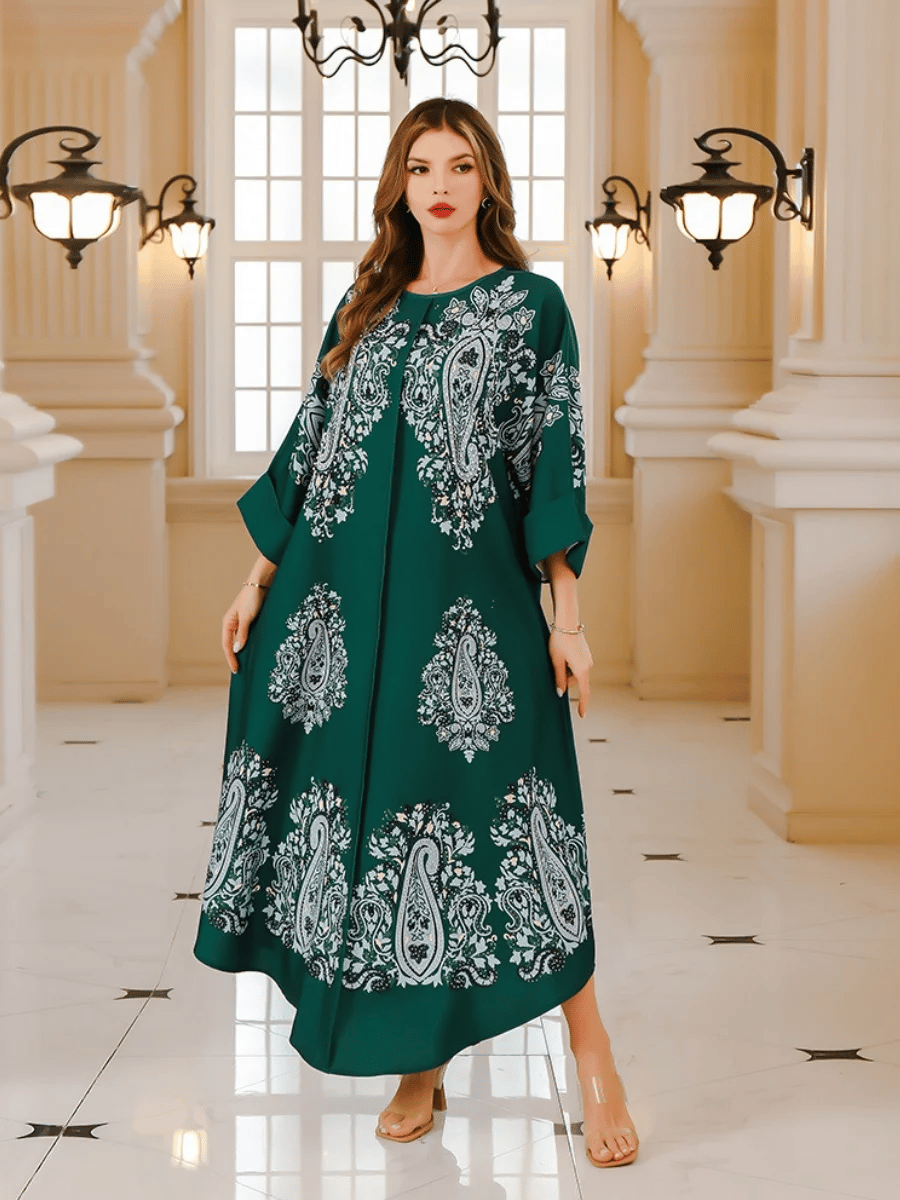 Floral Print Beaded Jalabiya with Folded Long Sleeves Siskakia - Women's Jalabiyas 13