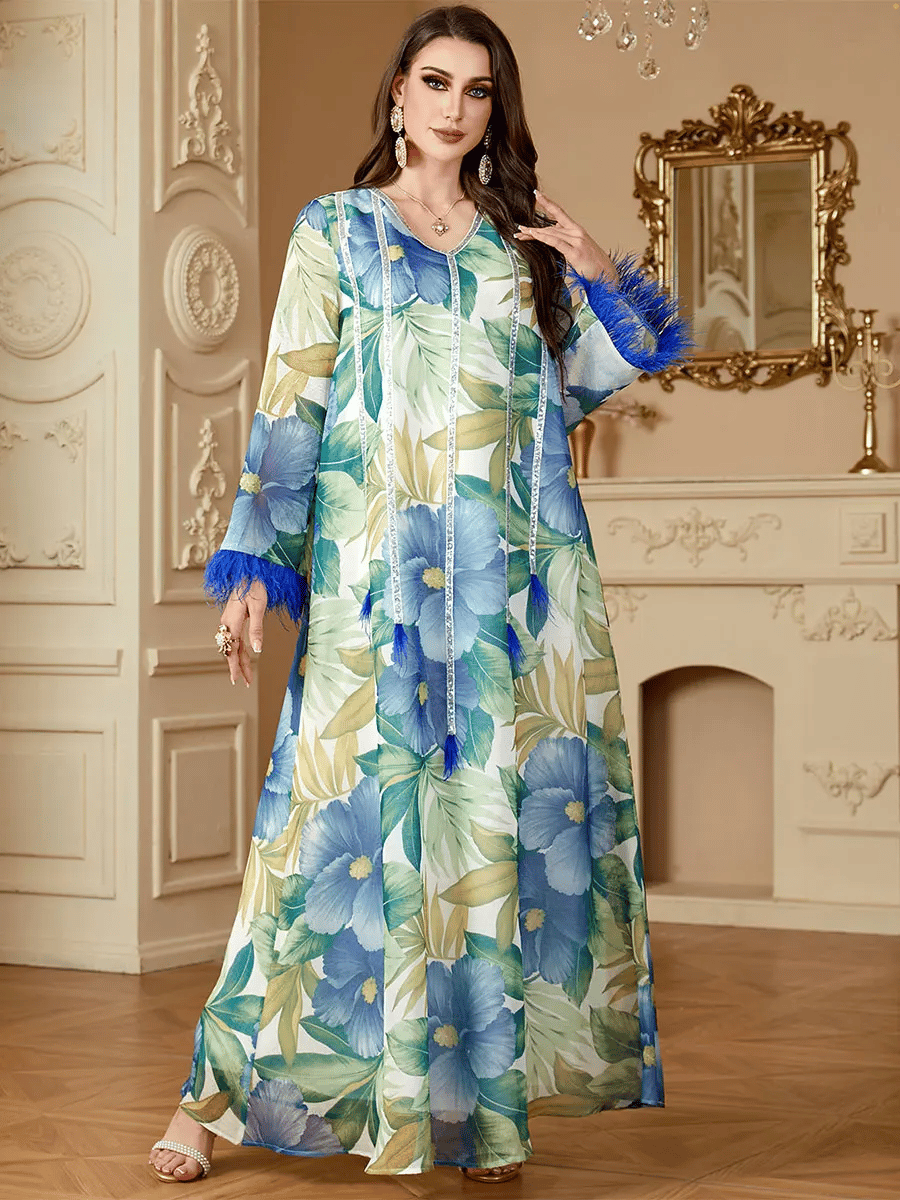 Elegant Floral Print Jalabiya with Appliques and Long Sleeves