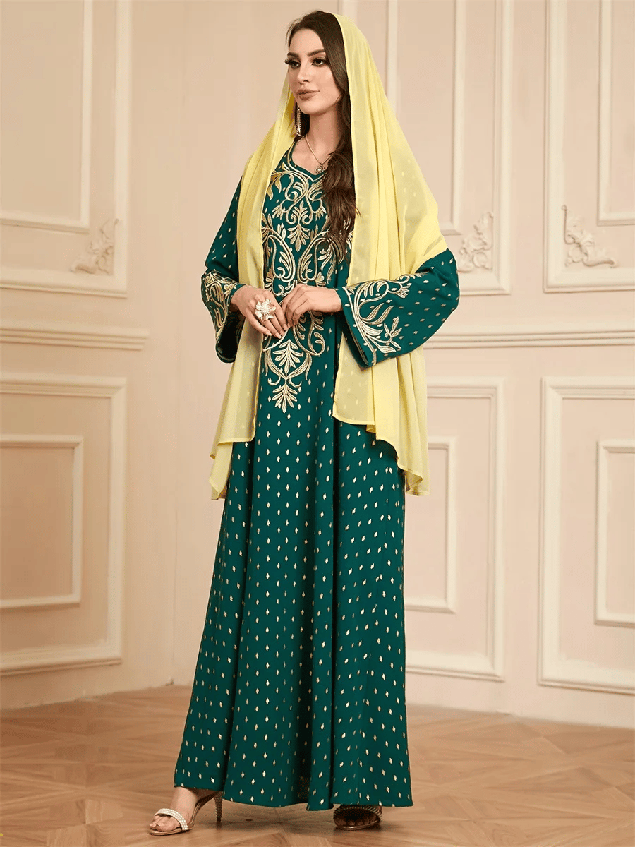 Elegant Embroidered Jalabiya with Matching Scarf and Long Sleeves Elegant Embroidered Jalabiya with Matching Scarf and Long Sleeves