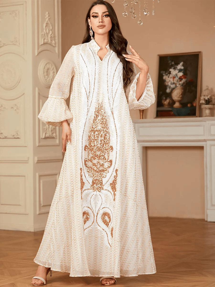 Sequin V-Neck Jalabiya with Flare Sleeves for Ramadan Wear