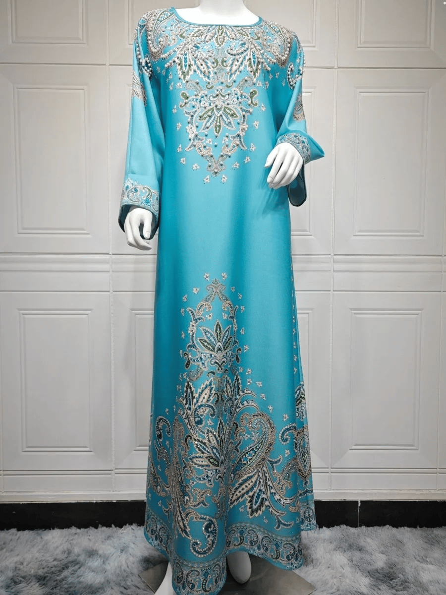Elegant Floral Beaded Round-Neck Kaftan with Long Sleeves Elegant Floral Beaded Round-Neck Kaftan with Long Sleeves