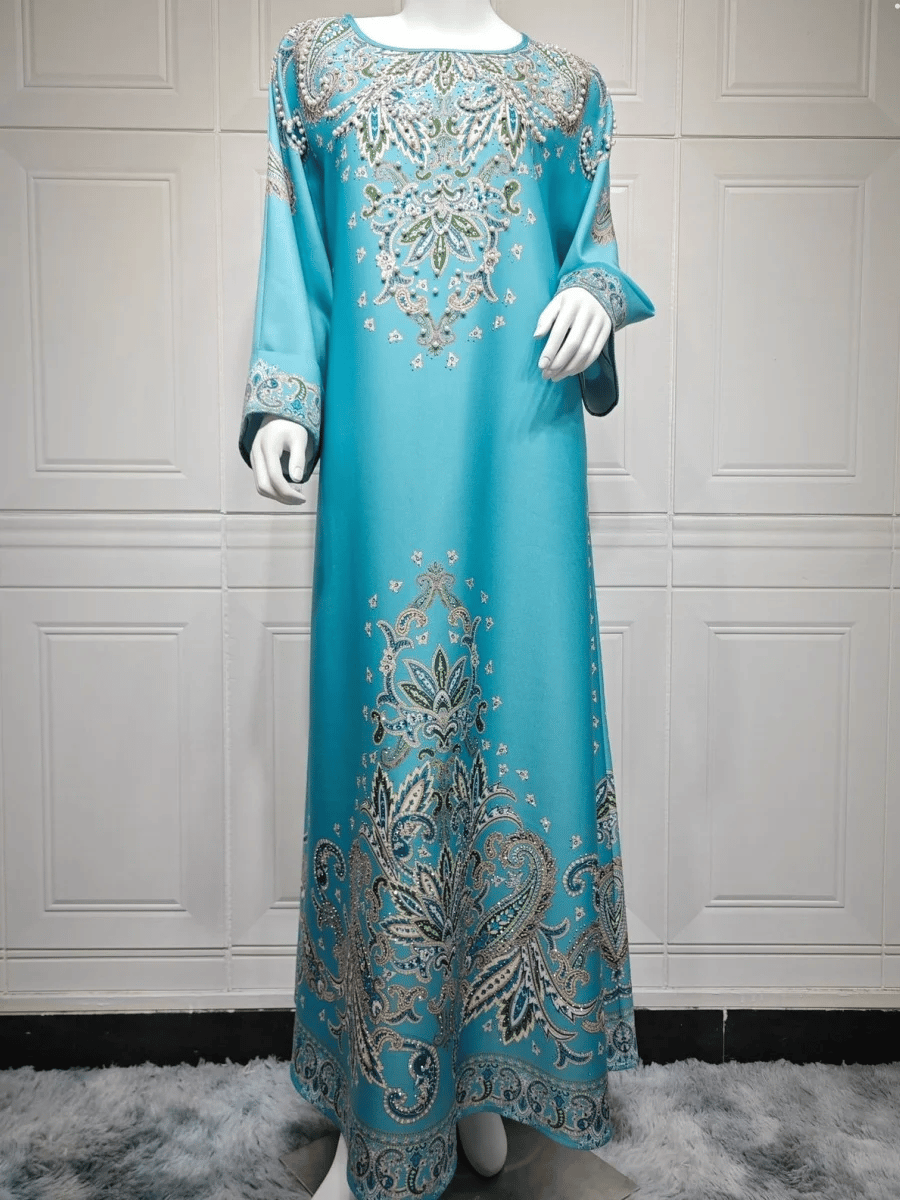 Elegant Floral Beaded Round-Neck Kaftan with Long Sleeves