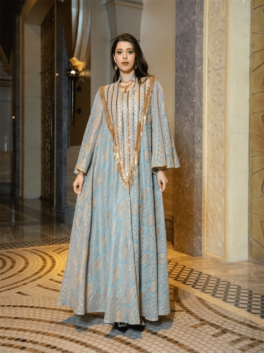 Sequin Tassel Maxi Kaftan with Mesh Petal Sleeves