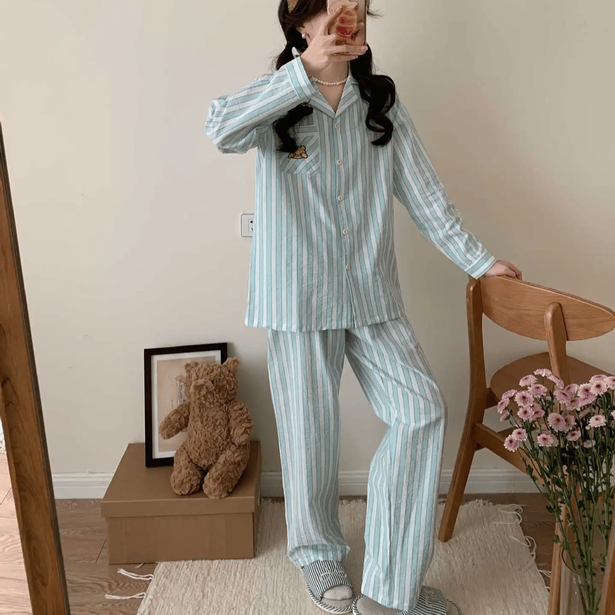Striped Cotton Two-Piece Loungewear Set with Long Sleeves Striped Cotton Two-Piece Loungewear Set with Long Sleeves