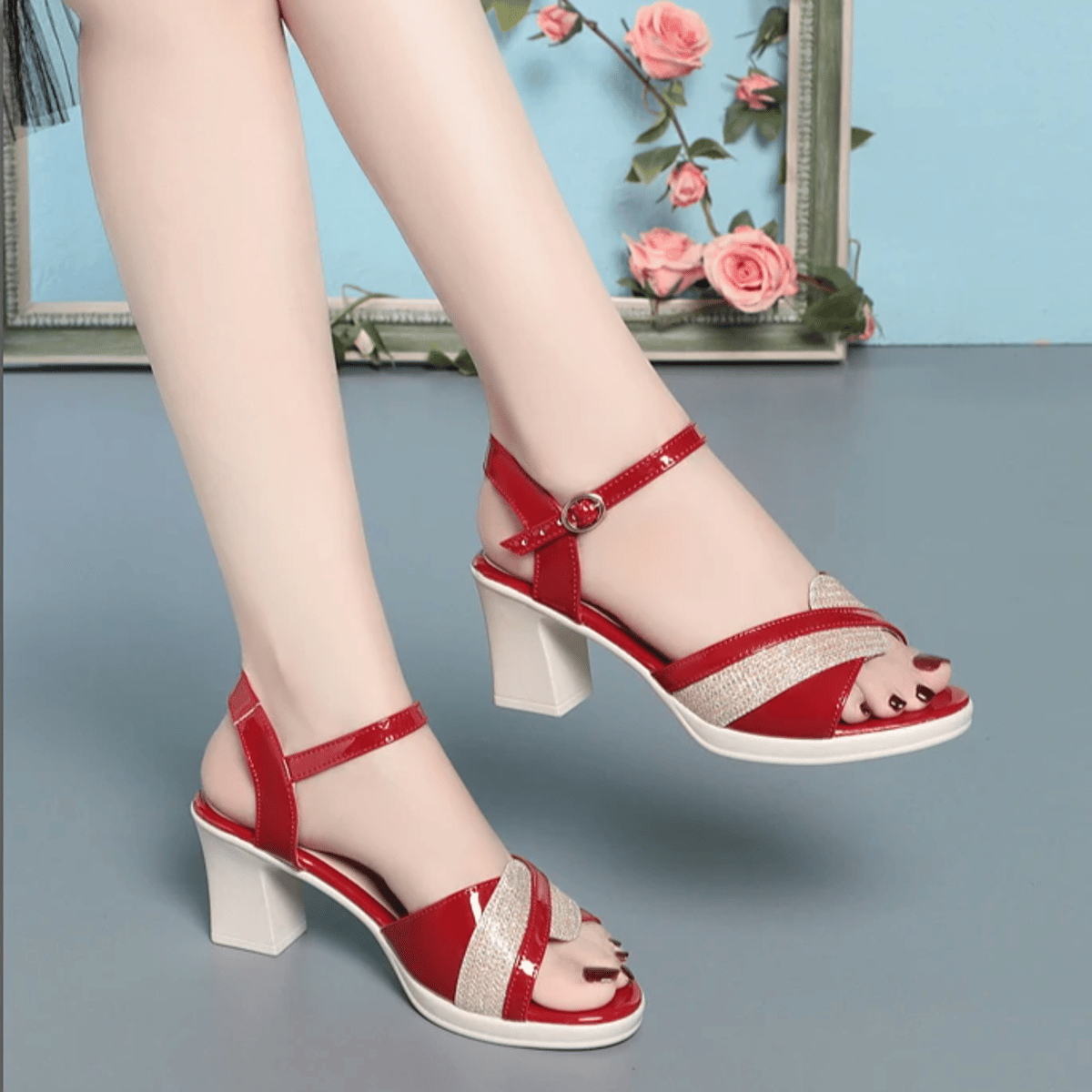 Elegant Patent Leather High Heel Sandals with Open Toe Design
