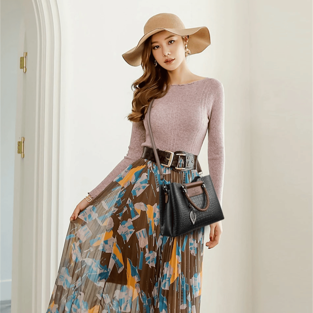 Elegant Genuine Leather Handbag Women Alligator Pattern Crossbody