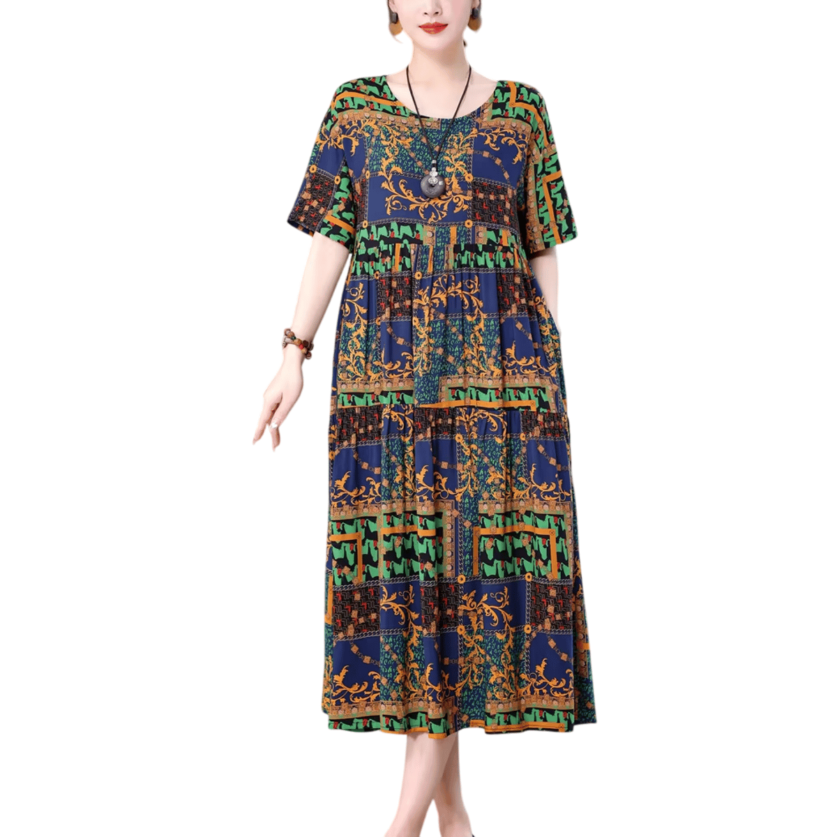 Elegant Summer Casual Dress with Print and Loose Fit Design Fanmuer - Women's Plus Size Dresses