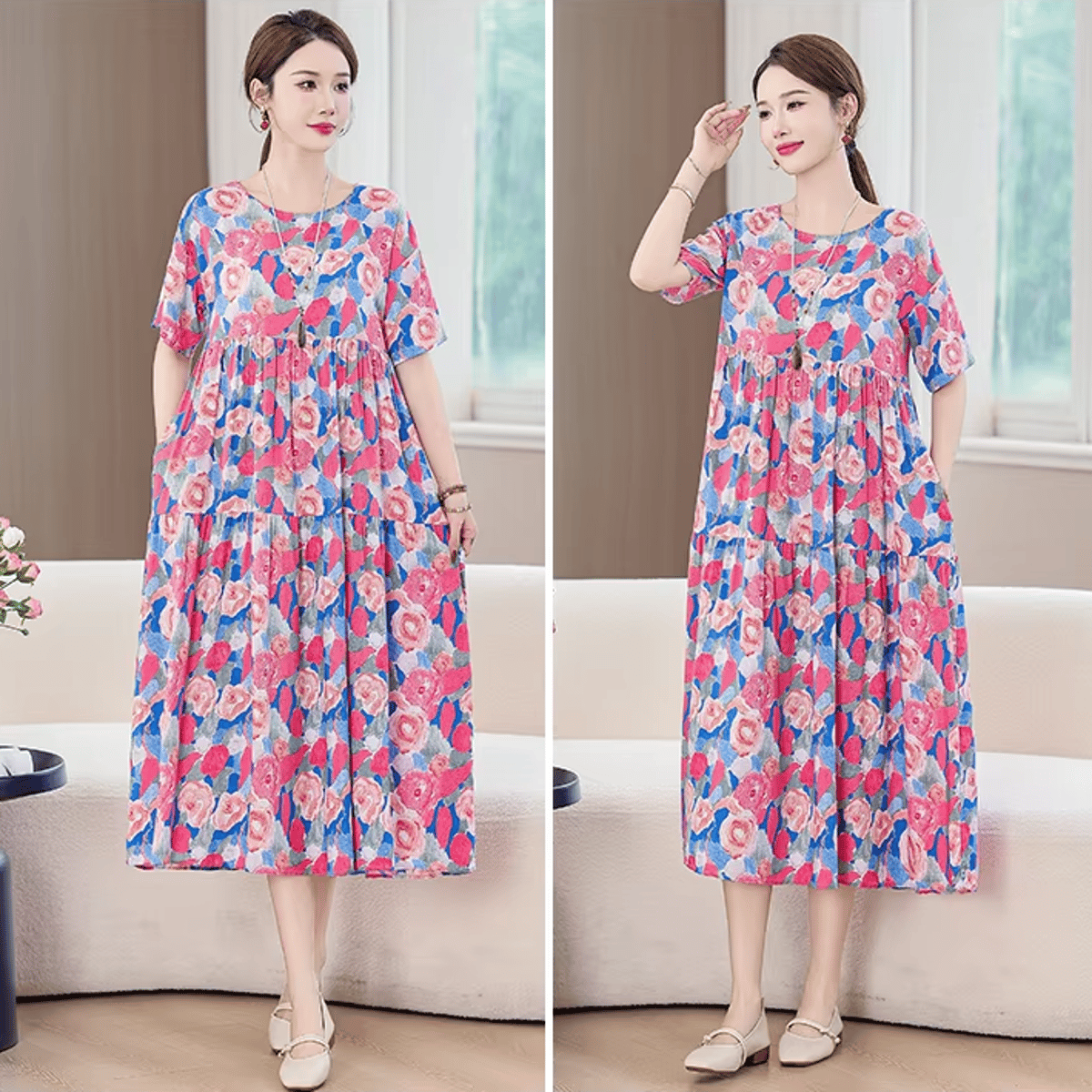 Bohemian Plus Size Summer Dress with Vintage Print and Pockets