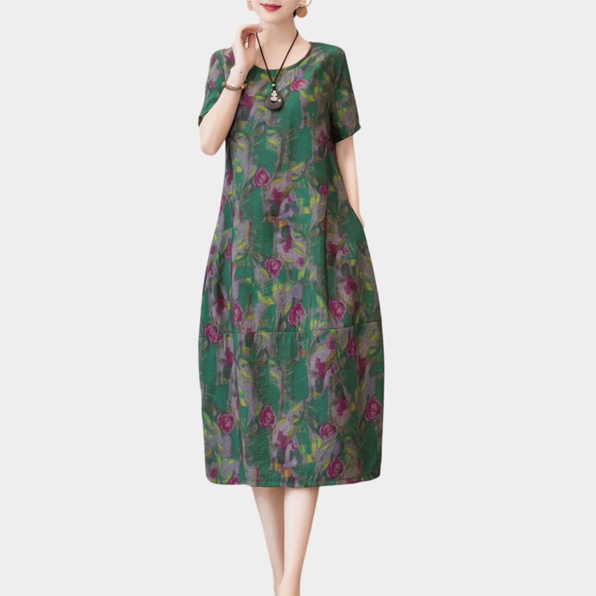 Elegant Summer Bohemian Dress with Floral Print and Pockets Fanmuer - Women's Plus Size Dresses