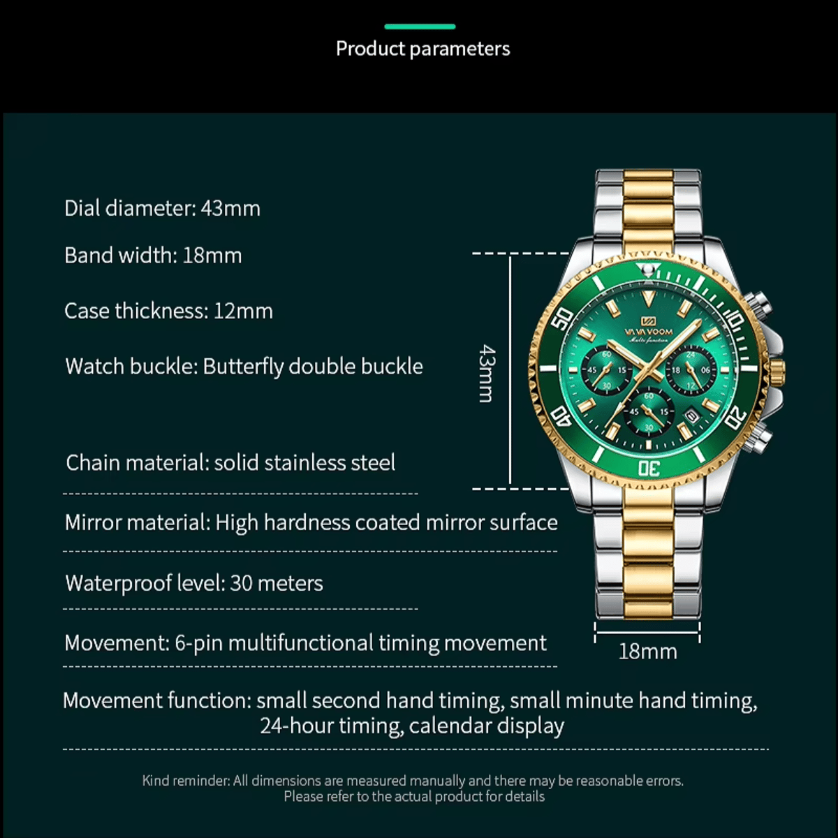 Men’s Stainless Steel Sports Watch with Chronograph and Calendar