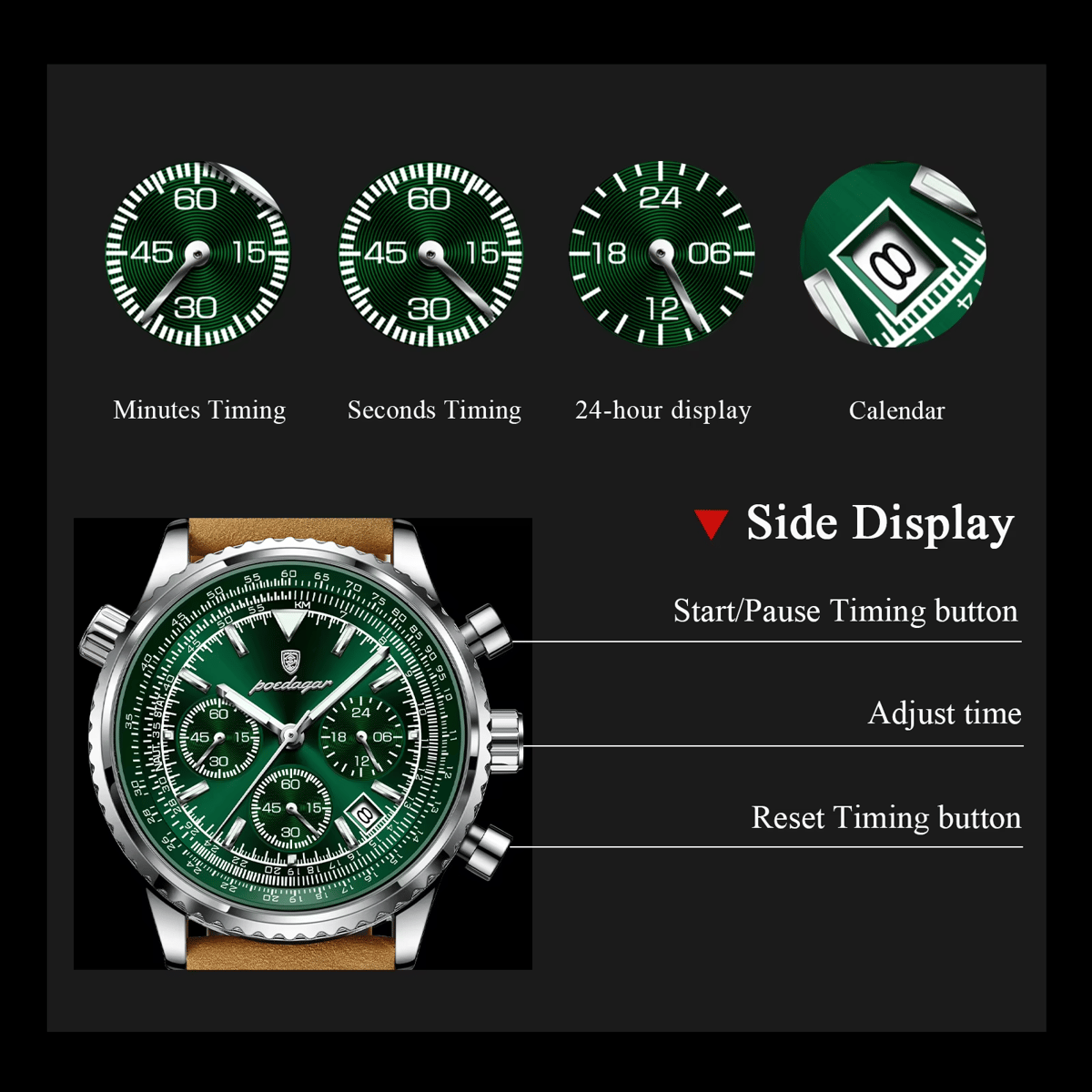 Elegant Chronograph Leather Watch for Men with Luminous Display Poedagar - Men's Dress Watches 4