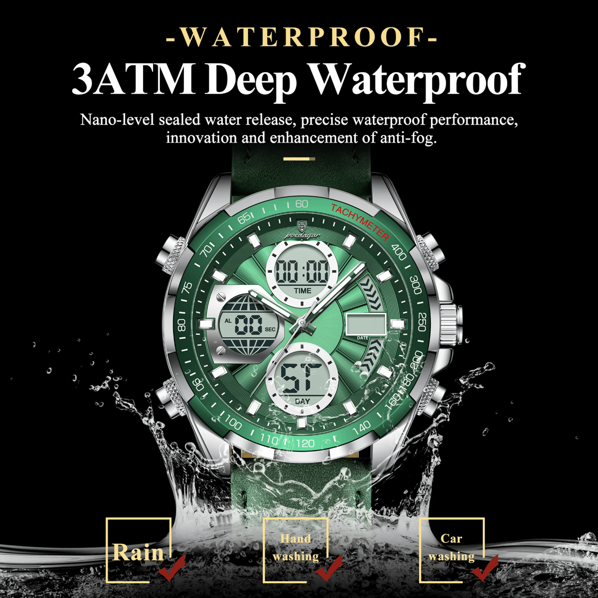 POEDAGAR Modern Dual Display Men’s Watch with LED Light and Multi-Function Design